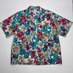Vtg 80s Button Up Womens Large Boxy Teal Pink Floral Short Sleeve‎ USA Made